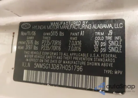 2007 Hyundai Santa Fe Gls z USA, uszkodzony, nr VIN 5NMSG13D87H051796